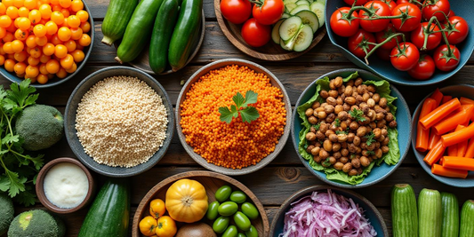 A vibrant display of plant-based organic dishes, including a variety of colorful vegetables, grains, and legumes, artfully arranged on a rustic wooden table
