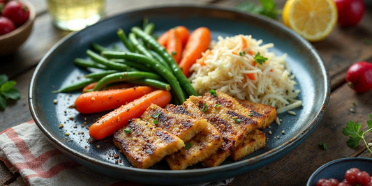 A vibrant image of a healthy meal plate featuring colorful vegetables, lean protein, and whole grains, set on a rustic wooden table with a glass of water and fresh fruits on the side.