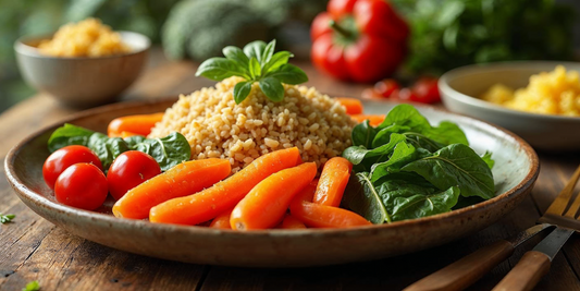 A healthy plate of organic foods including fresh vegetables, honey, whole grains, and desi ghee, perfect for a natural weight loss diet.