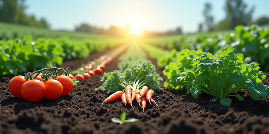 A lush, thriving organic farm showcasing diverse crops, cover crops, and healthy soil teeming with life, illustrating the principles of regenerative agriculture