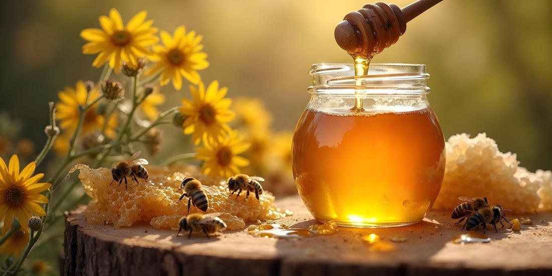 A jar of organic honey placed on a rustic wooden surface, surrounded by natural honeycomb, wildflowers, and bees, showcasing its purity, eco-friendly production, and unprocessed golden texture