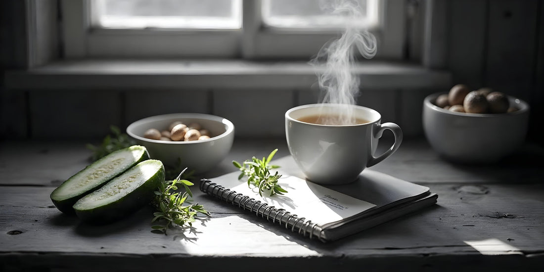 A fresh and colorful organic meal kit featuring vibrant vegetables, herbs, and recipe instructions, displayed on a wooden kitchen countertop in a cozy setting.