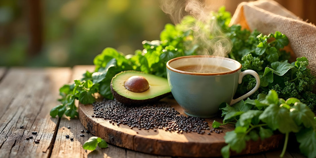 A vibrant flat-lay of organic superfoods, including chia seeds, avocados, leafy greens, and a cup of green tea, displayed on a wooden table with a rustic backdrop.